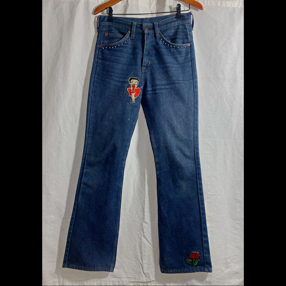 Vintage Plain Pockets High-waisted Jeans, Hand Studded & Patched